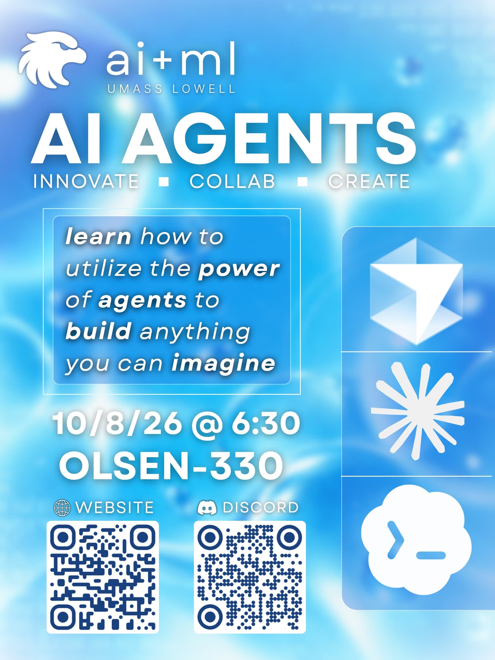 AI Agents flyer: learn how to utilize the power of agents to build anything you can imagine. October 8, 2026 at 6:30 PM in Olsen-330. QR codes for the club website and Discord.